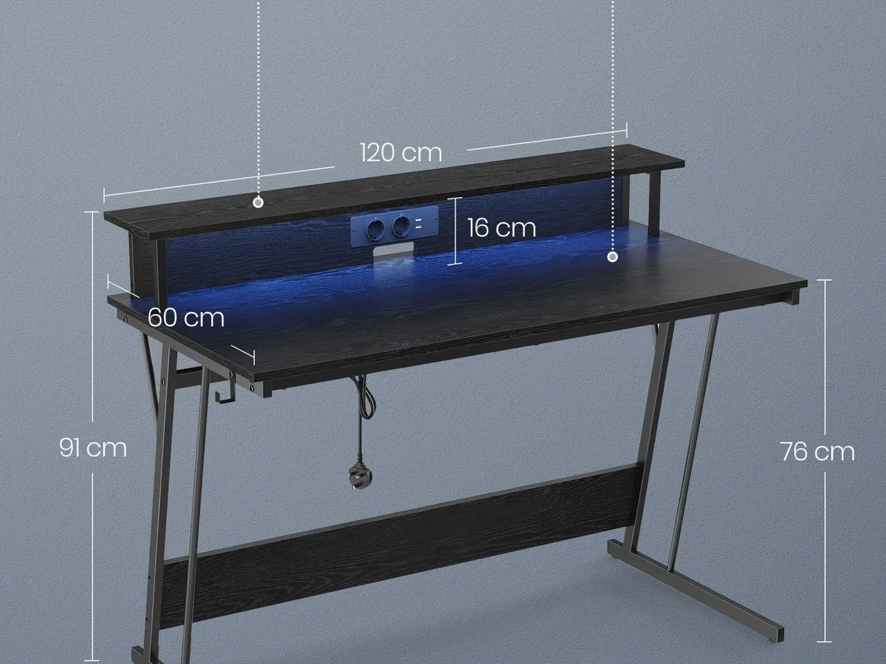 Billede 5 - Skrivebord til gaming med LED og strømudtag, 120 × 60 cm, klassisk sort