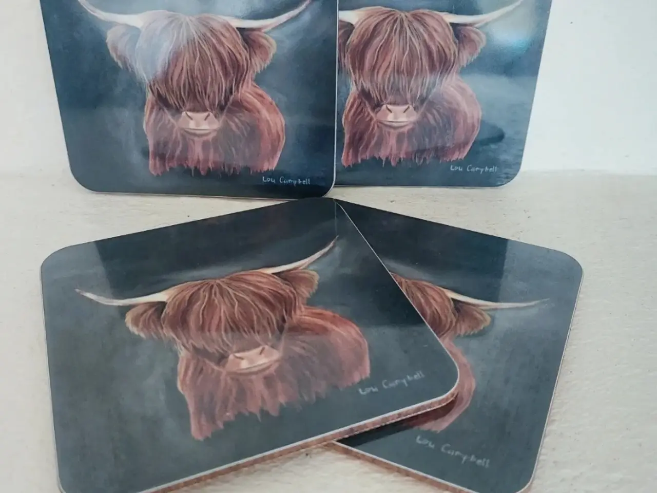 Billede 1 - 4 kunst-glasbrikker / coasters m. Skotsk Højlandsk
