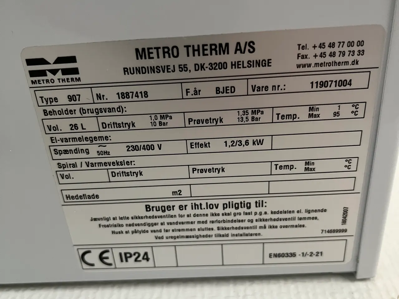 Billede 2 - Metro vandvarmer på 26 liter