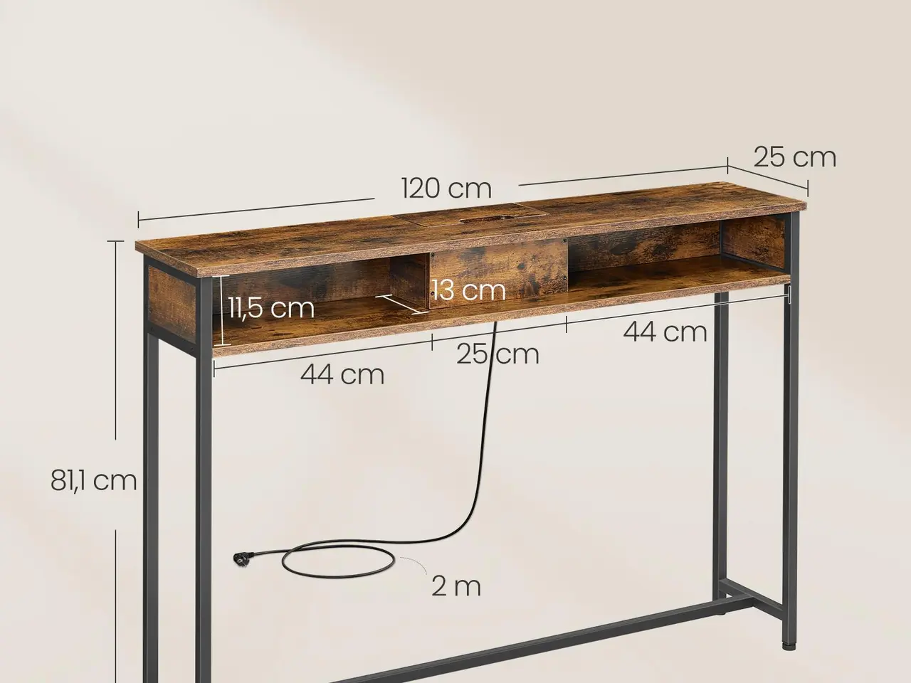 Billede 6 - Konsolbord smalt med strømudtag, 25 × 120 × 81 cm, rustik brun/sort