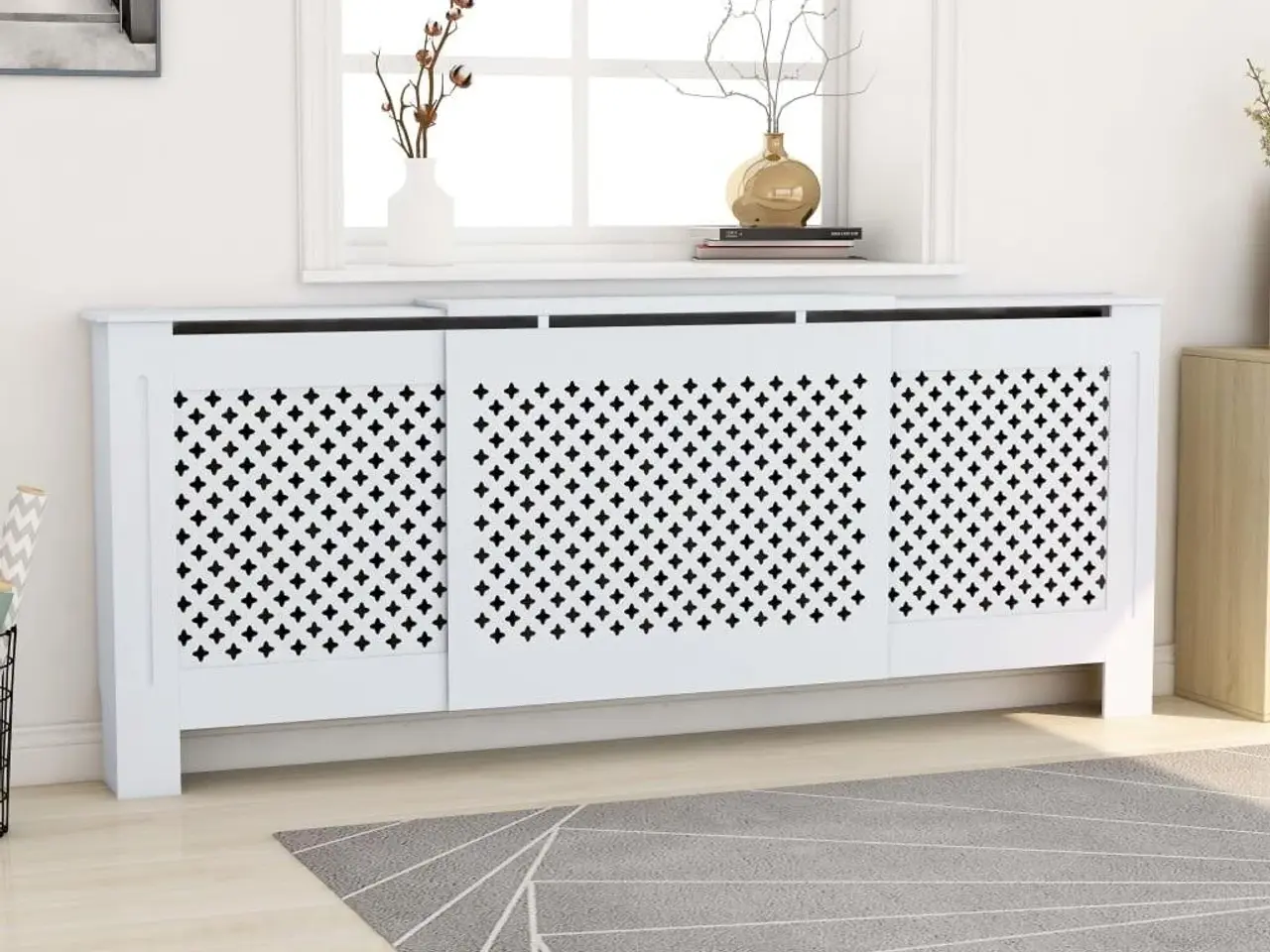 Billede 1 - Radiatorskjuler 205 cm i hvid MDF - justerbar lamelmodel