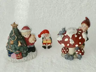 3 julefigurer – fyrfadsstage, fluesvamp med nissepige og lille nisse