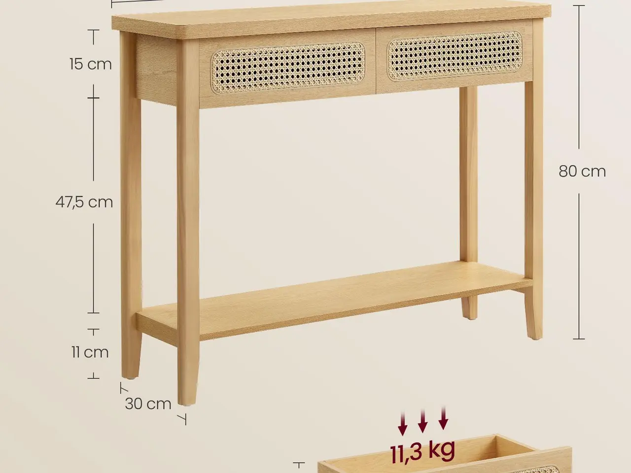 Billede 6 - Konsolbord med 2 skuffer og hylde - boho stil, egetræsbeige (100 × 30 × 80 cm)