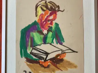 Jeff Ibbo, oliepastel med dreng som læser, 26x21