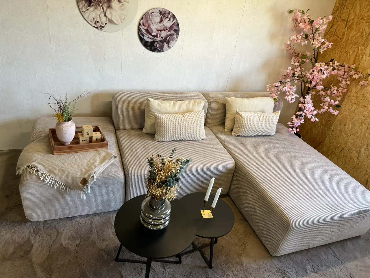 Billede 2 - RESEVERET Beige modul sofa i stribet fløjls