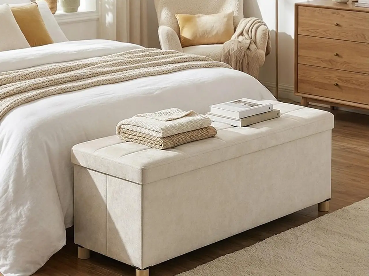Billede 4 - Foldbar opbevaringsbænk i fløjl - cappuccino beige, 112 l