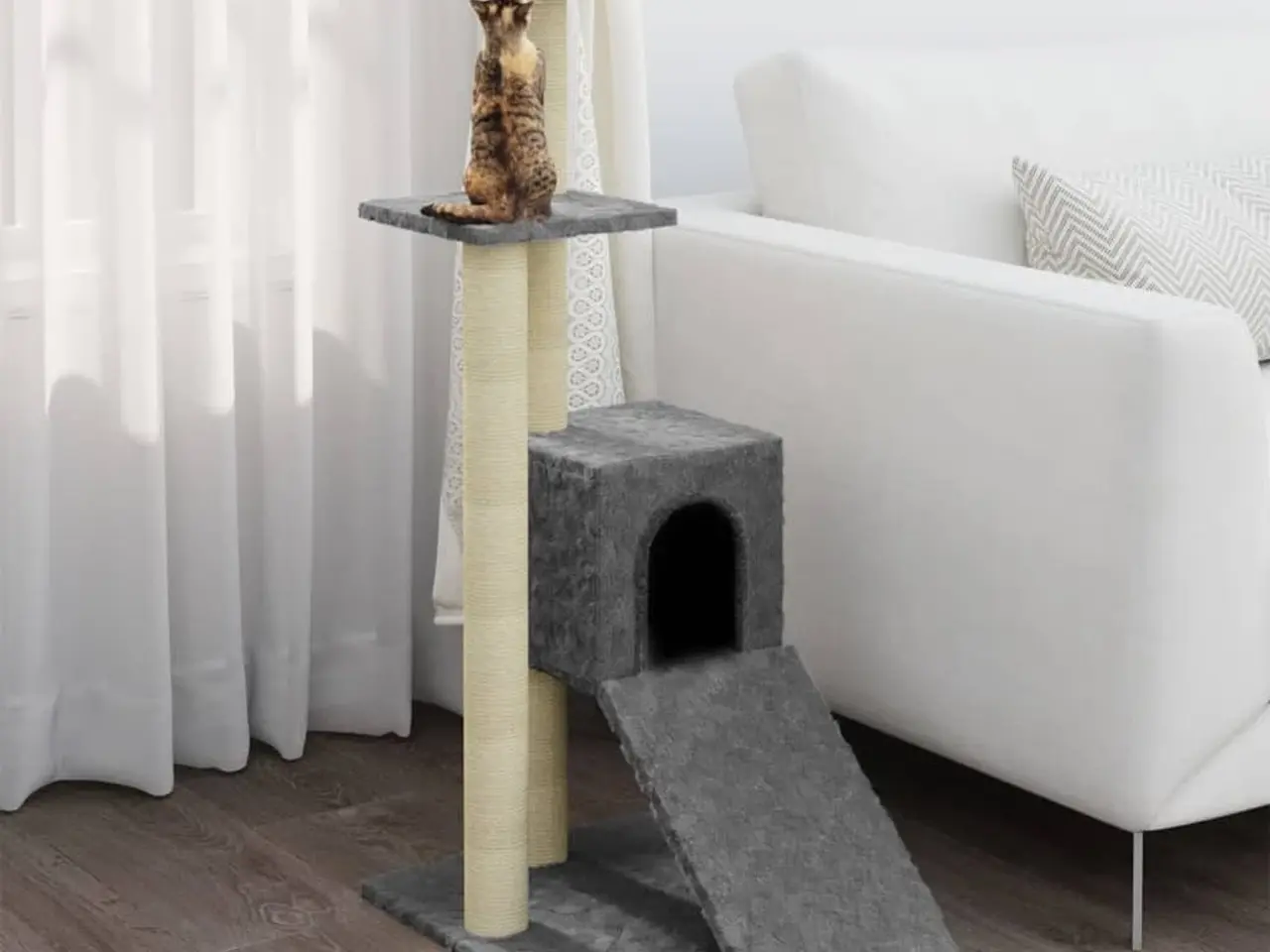 Billede 1 - Kradsetræ med sisal-kradsestolper 92 cm - lysegrå