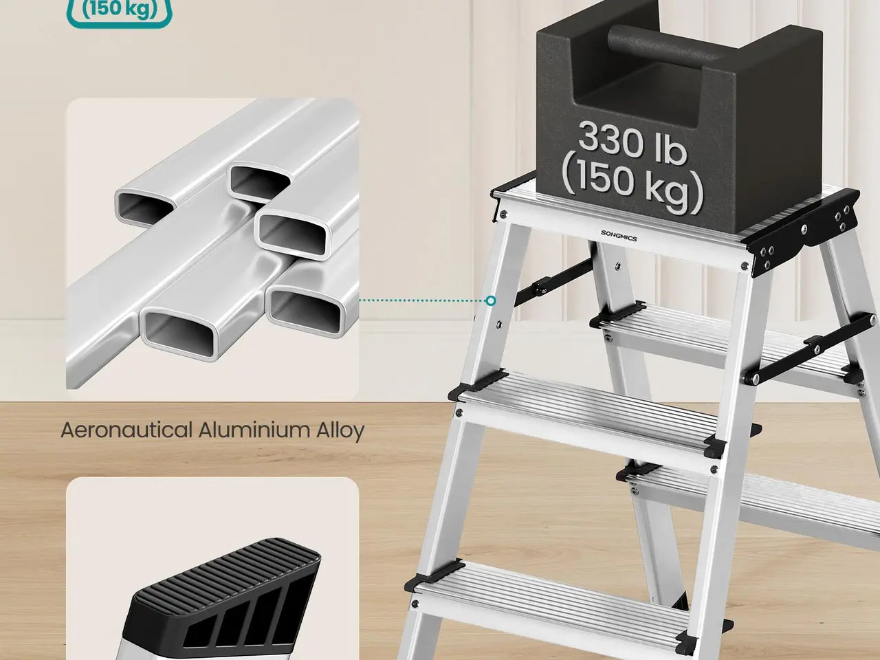 Billede 4 - Aluminium trappestige 3 trin - sammenklappelig, 150 kg, sølvgrå/sort (GLT23K)