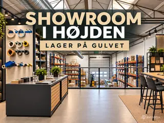 Højloftet værksted/showroom med indskudt dæk