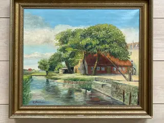 E. Brodersen maleri landskab med hus og å i ramme
