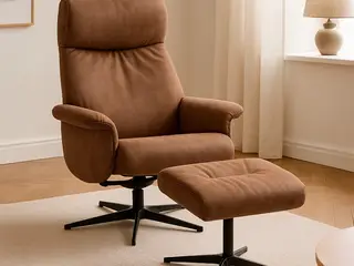 Tristan lænestol med fodskammel - Almond Bull microfiber læder