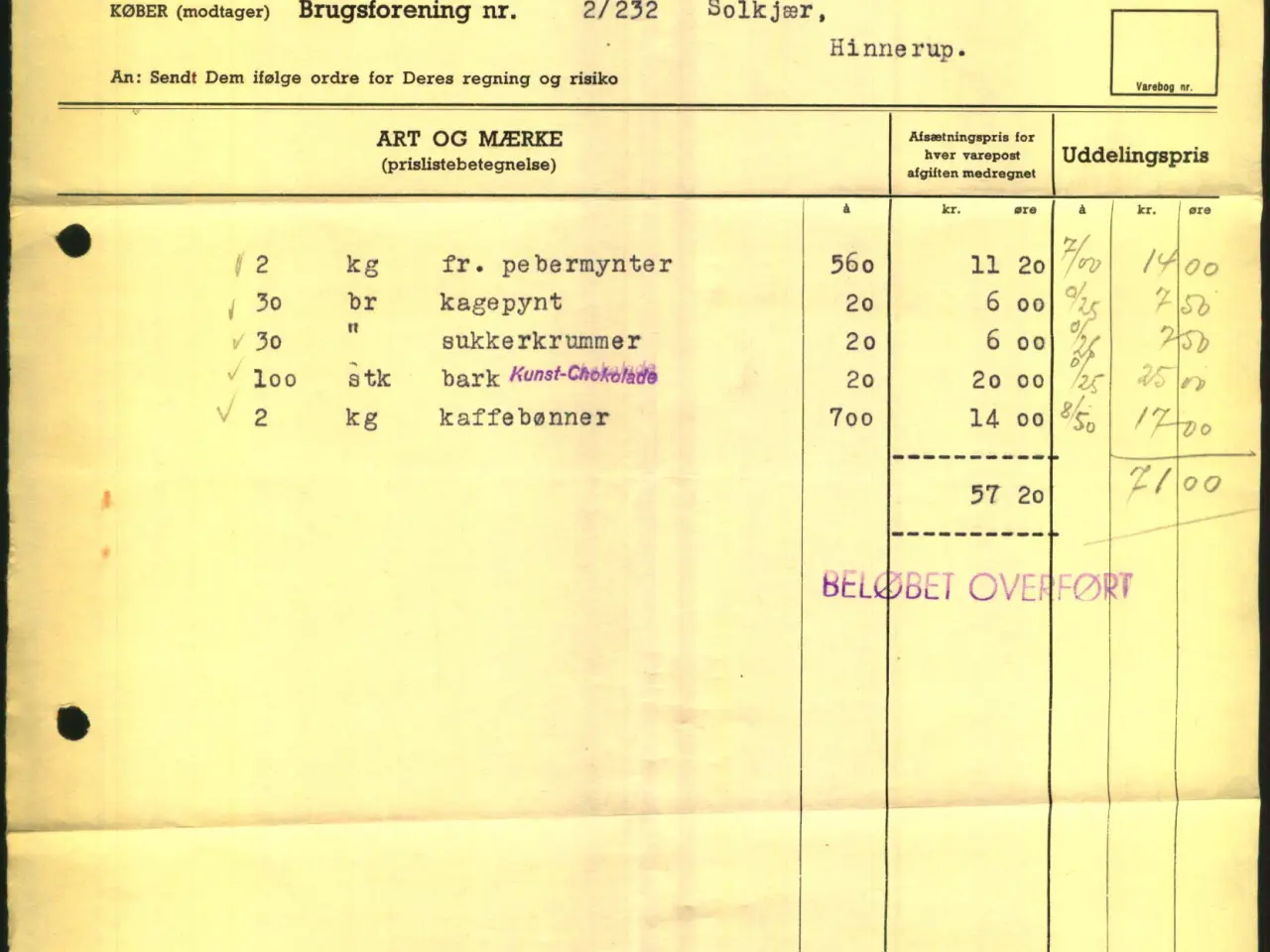 Billede 1 - F.D.B. - Chokolade - 1954 - Fakturastempelmærker