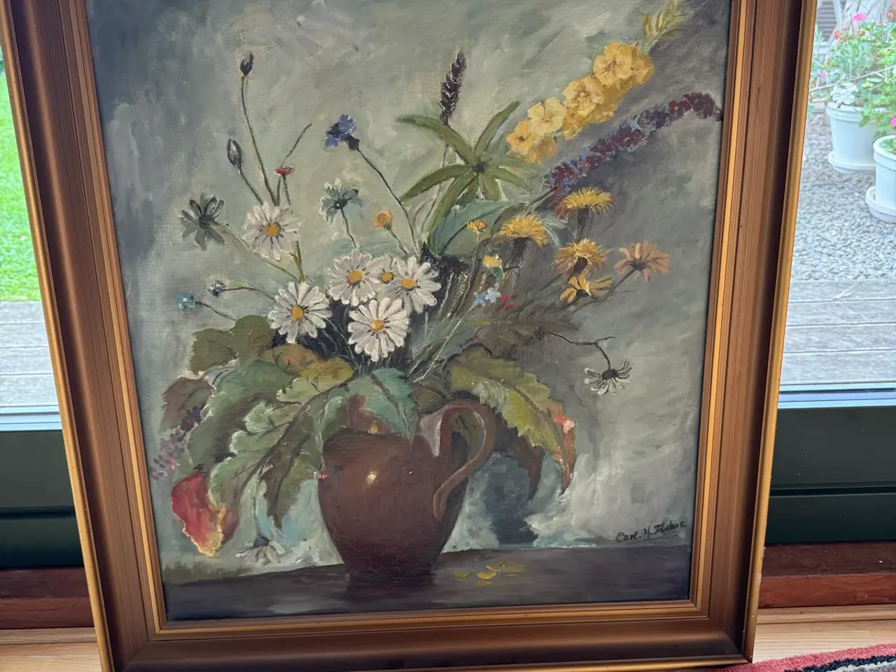 Billede 1 - Carl H. Fischer maleri med blomster i vase i ramme